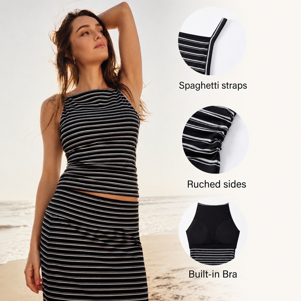 NWT OGL Striped Spaghetti Bra Top M & Low Rise Midi Skirt S Black/Grey/White - Picture 6 of 13